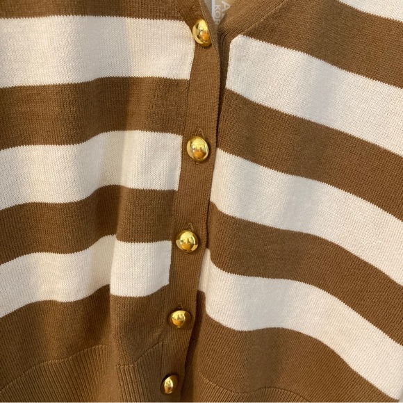 NWT Micheal Kors Button Up Striped White and Brown Striped Cardigan - Picture 3 of 5